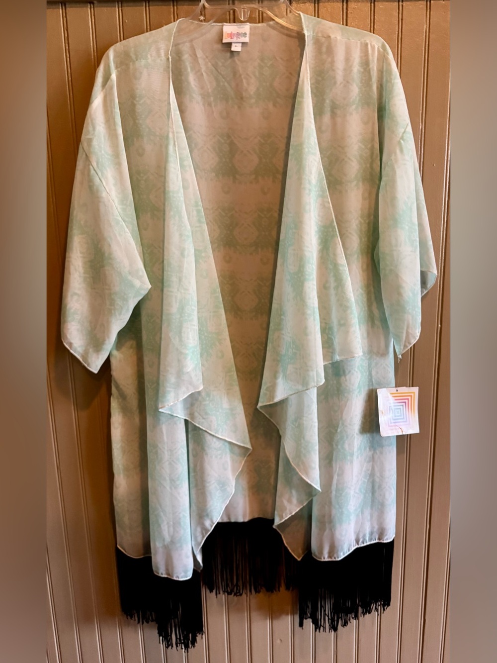 Light teal Printed Open Front Kimono with Black Fringe New LuLaRoe Monroe